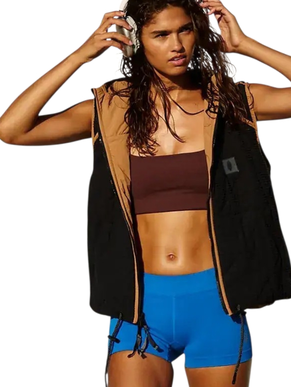 FP Movement Recreation Reversible Puffer Vest Hooded Black Brown Large NWOT